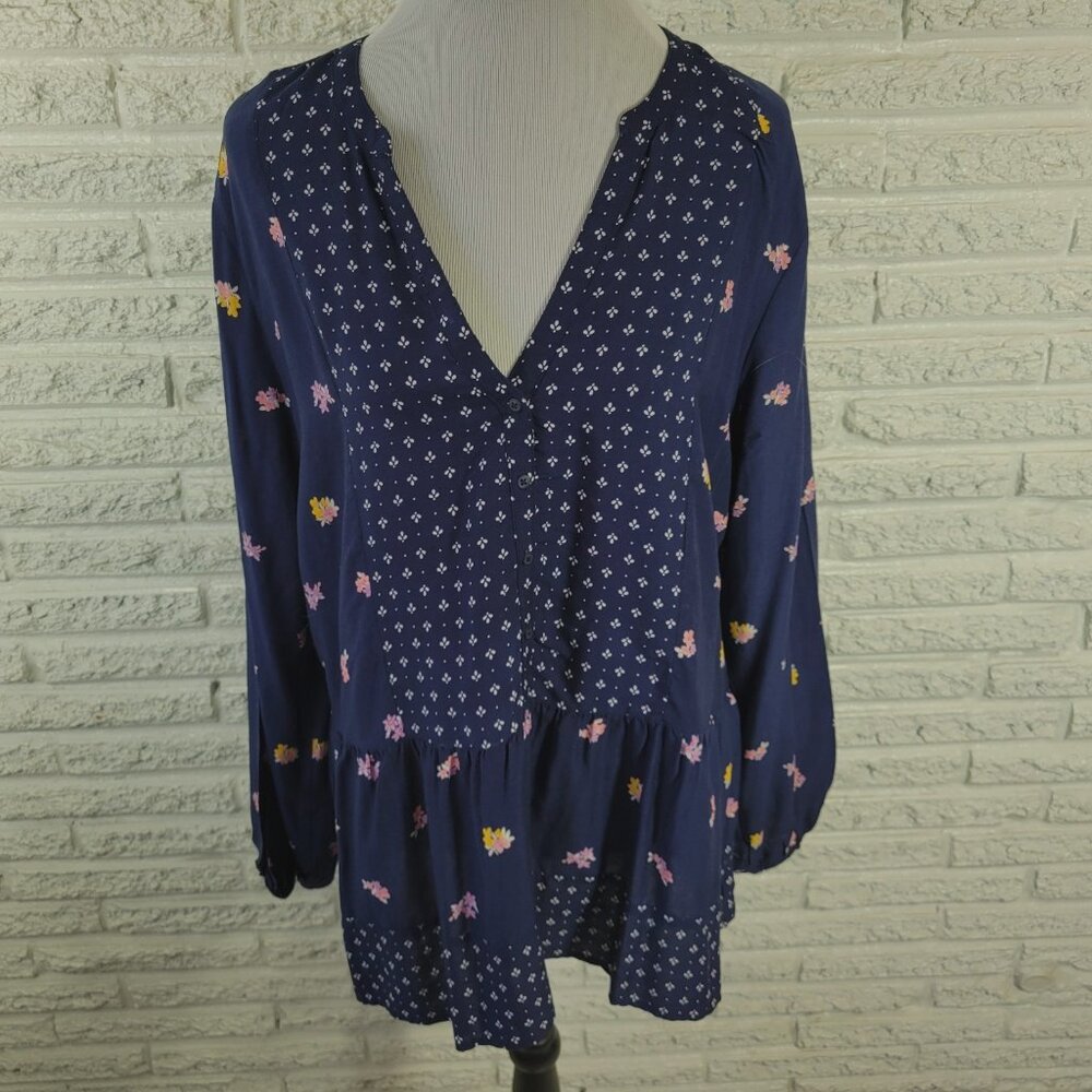 Old Navy Tunic XL Tall Blue Floral V-Neck Blouse Long Sleeve Modal FLO305E
